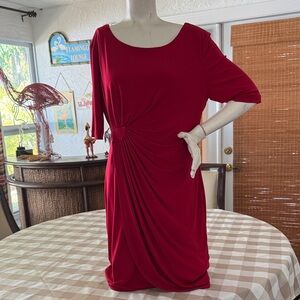 Women's Red Draped Midi Dress with Waist Twist